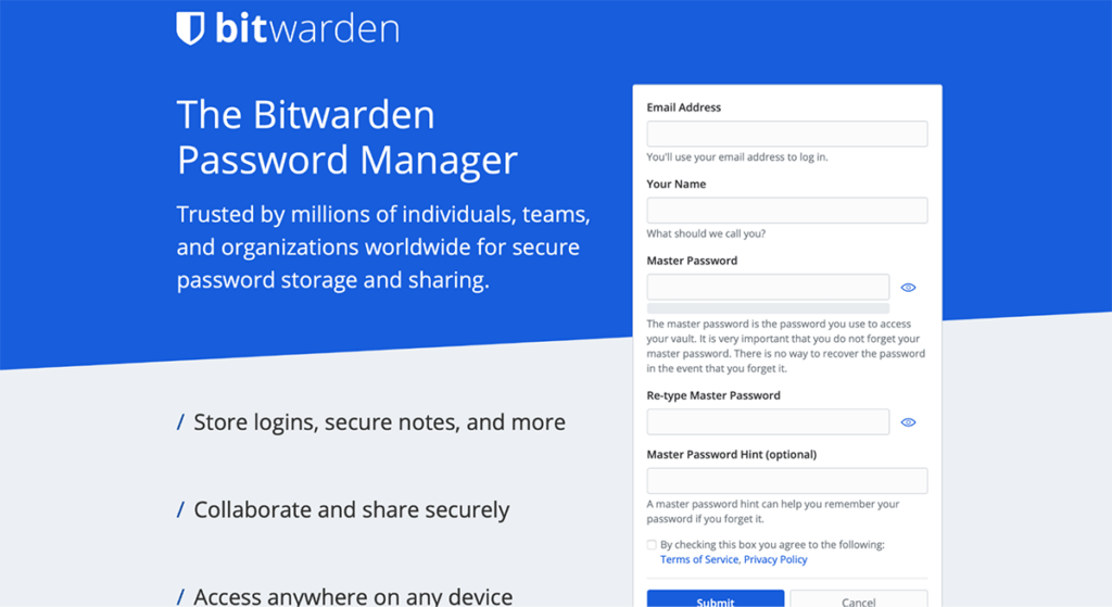 Bitwarden's sign-up form
