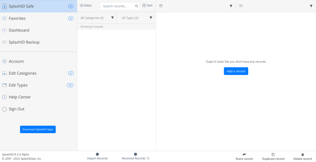 SplashID dashboard