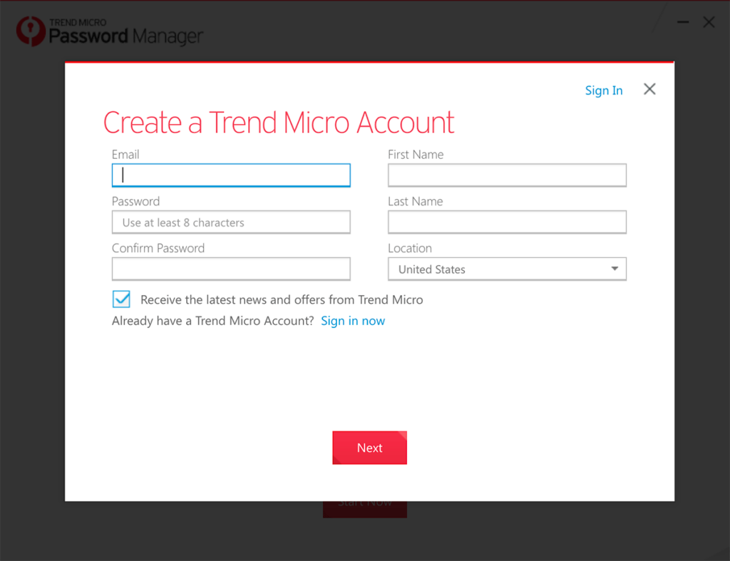 create account form in TrendMicro