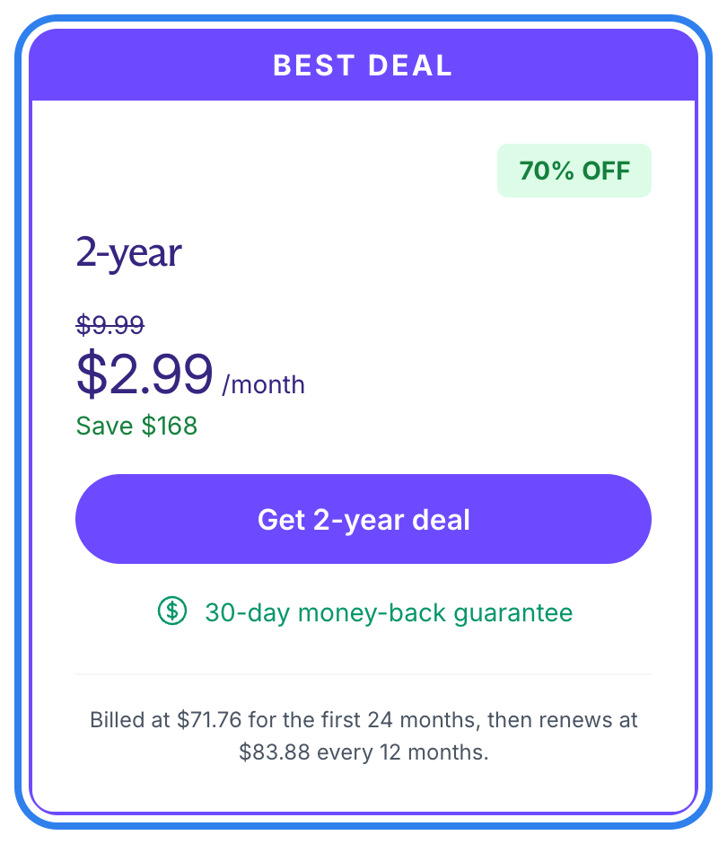 Proton VPN cheap VPN pricing: 2-year plan at $2.99 a month, billed $71.76