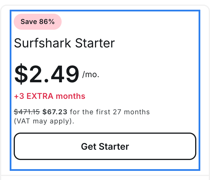Surfshark cheap VPN pricing: Starter plan at $2.49 a month
