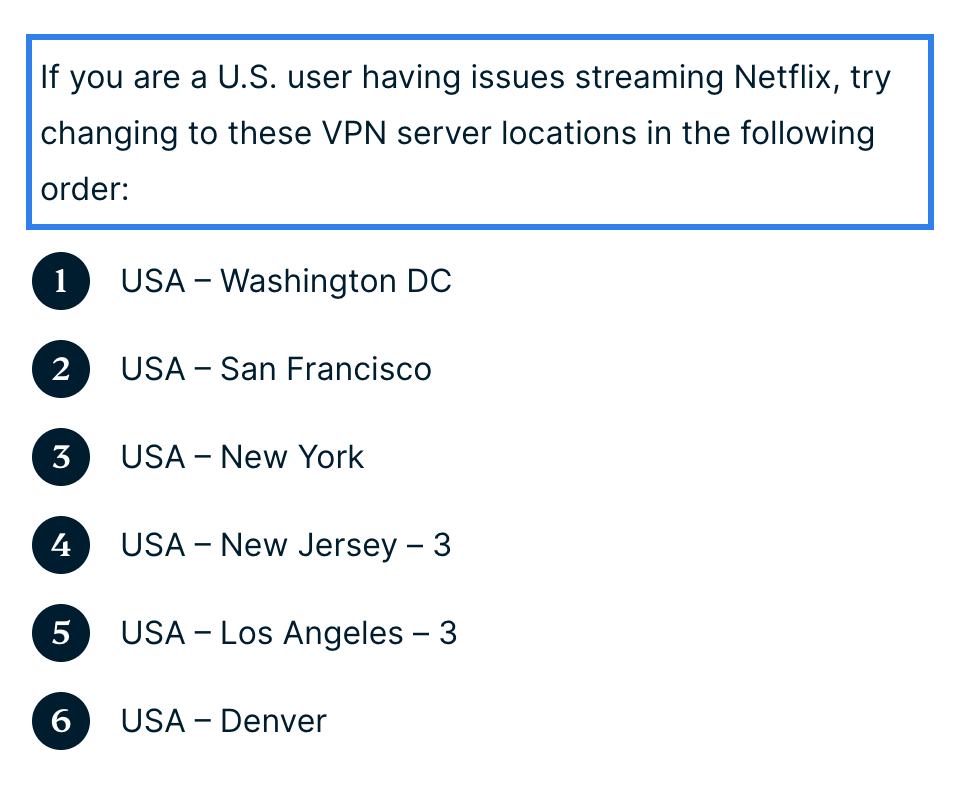 ExpressVPN list of US server locations to try for Netflix: Washington DC, San Francisco, New York, New Jersey 3, Los Angeles 3 and Denver
