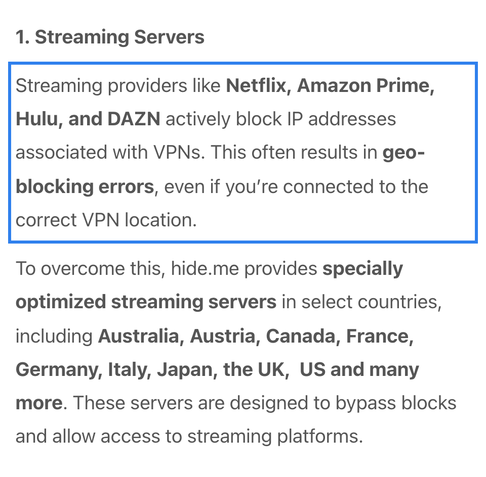 hide.me help article naming Netflix among services its streaming servers are designed to bypass blocks for