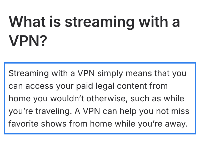 NordVPN page explaining that streaming with a VPN lets you reach your paid content from home while traveling