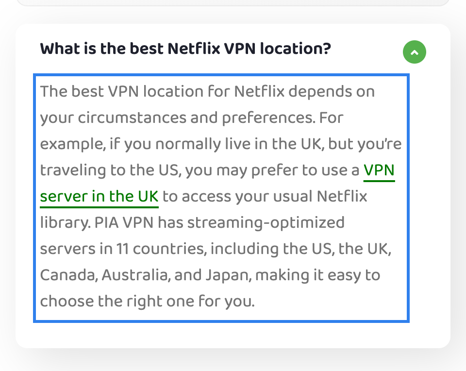 PIA FAQ on the best Netflix VPN location, naming streaming-optimized servers in 11 countries including the US and UK