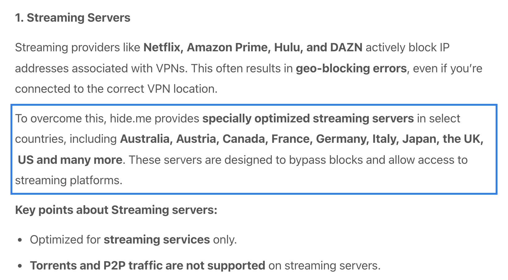 hide.me help article on streaming servers designed to bypass blocks