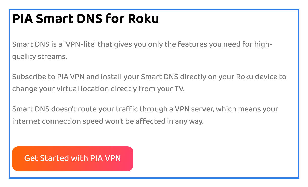 PIA Smart DNS for Roku page for streaming on devices without VPN apps