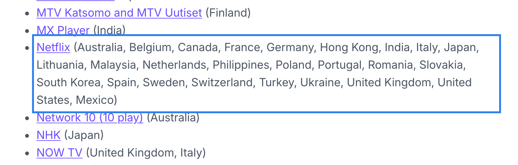 Proton VPN streaming guide listing Netflix in 26 regions