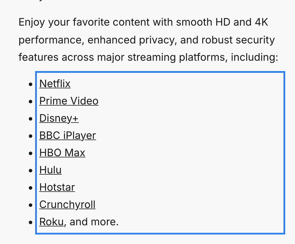 Surfshark streaming page naming Netflix, Hulu, Disney+ and BBC iPlayer