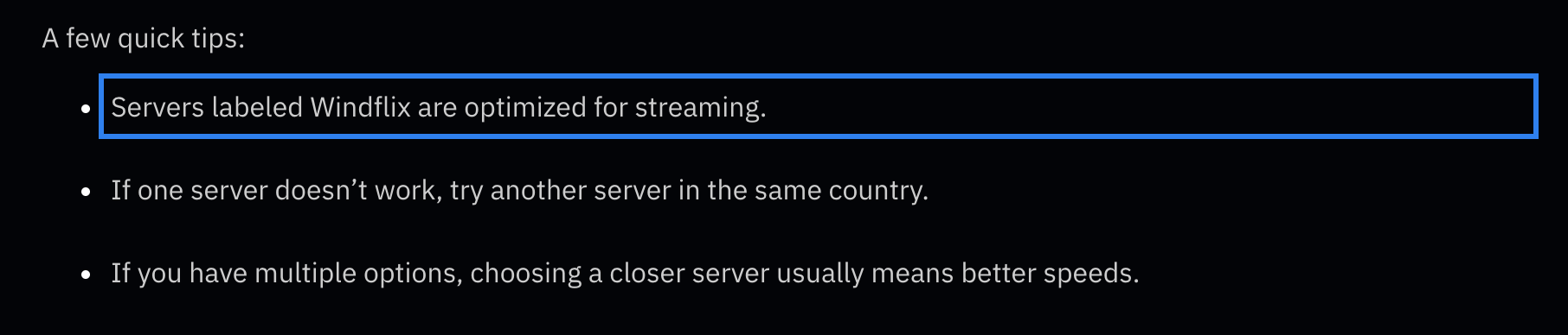 Windscribe streaming tips naming Windflix servers optimized for streaming