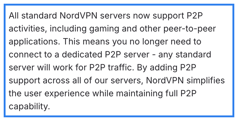 NordVPN support article saying all standard servers support P2P