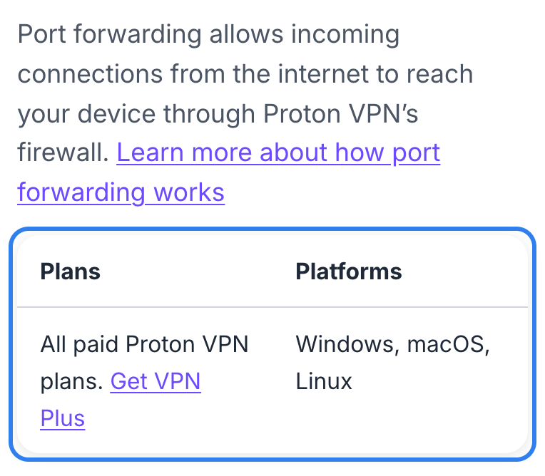 Proton VPN support page showing port forwarding on all paid plans for Windows, macOS and Linux